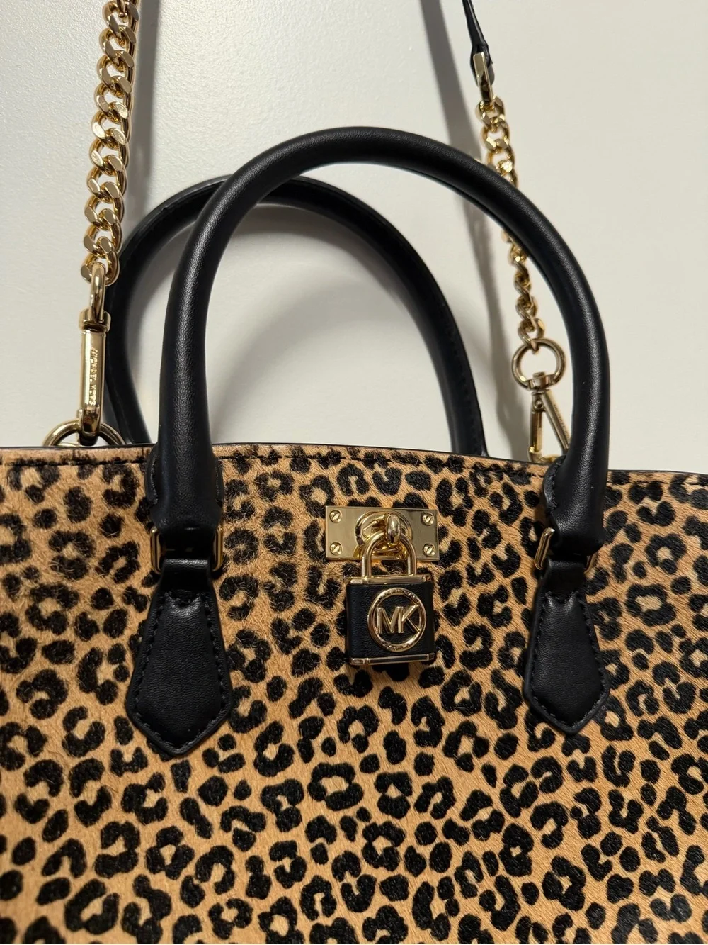 Michael Kors Hamilton Leopard Calf Hair Satchel Crossbody Bag Gold Hardware